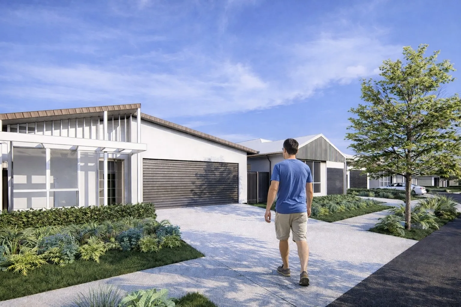 Resident walking up the driveway of a single-storey Solara home