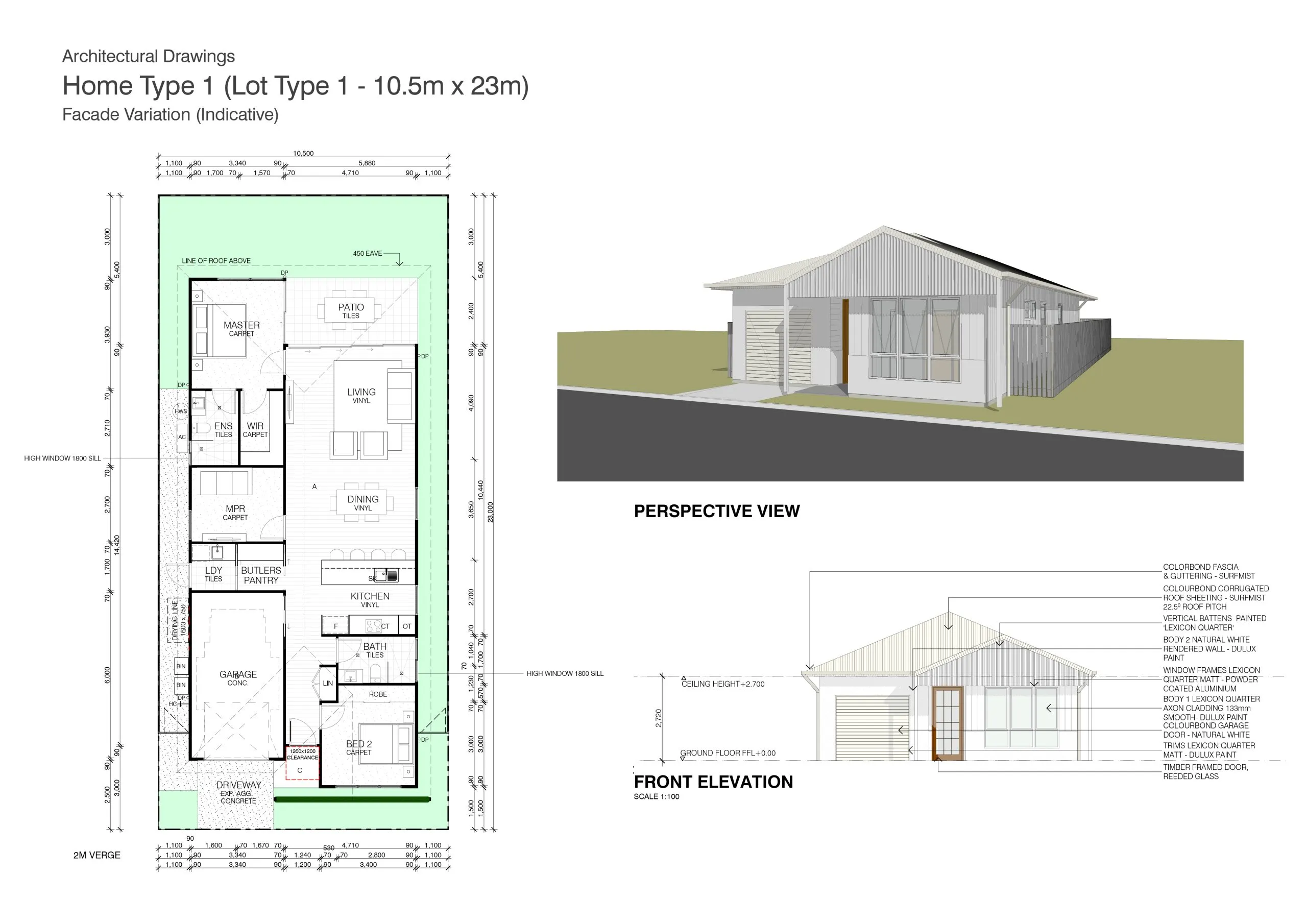 Home Type 1 floor plan, elevations and perspective view