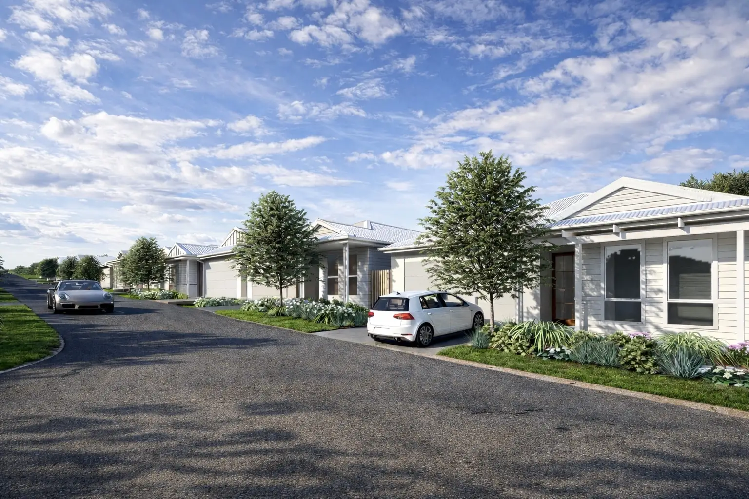 Tree-lined estate road at Solara Estate with footpaths and landscaped verges
