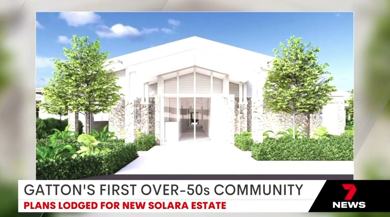 Still from the 7NEWS segment on Solara Estate, showing the club and pool